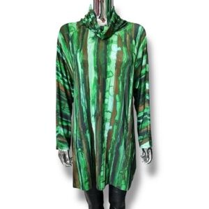 Noen Nordic Watercolor Tunic Top Swing Dress Cowl Turtle Neck Green Brown Size 6